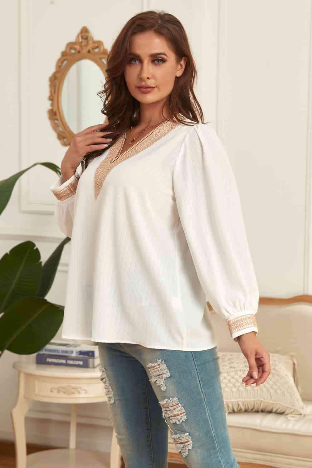 Melo Apparel Plus Size V-Neck Puff Sleeve Blouse Blouses - Tophatter Daily Deals