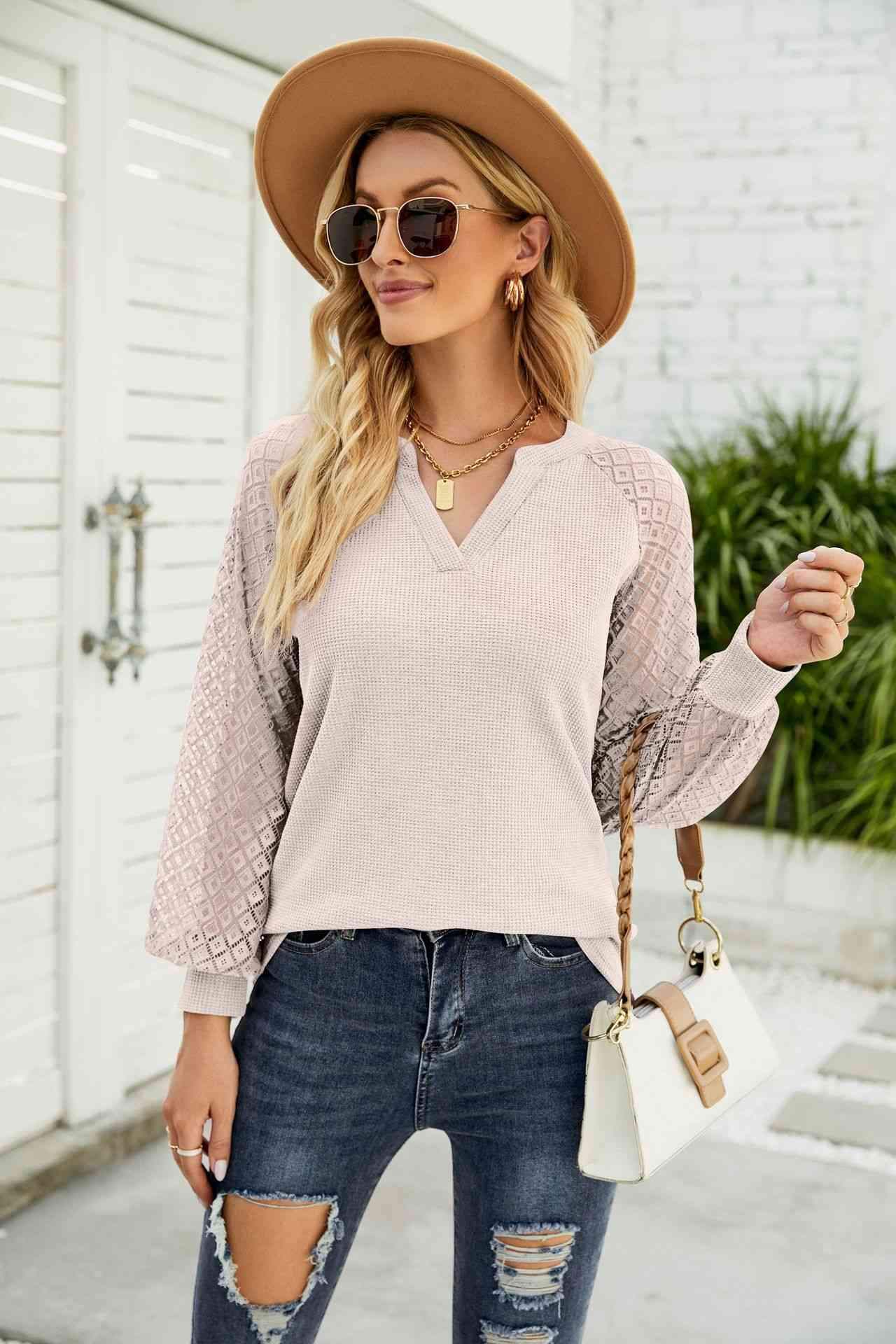 Waffle-Knit Spliced Lace Notched Top Blouses - Tophatter Daily Deals