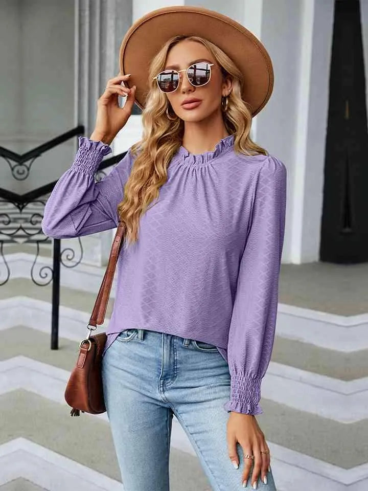 Round Neck Flounce Sleeve Blouse Lavender Blouses - Tophatter Daily Deals