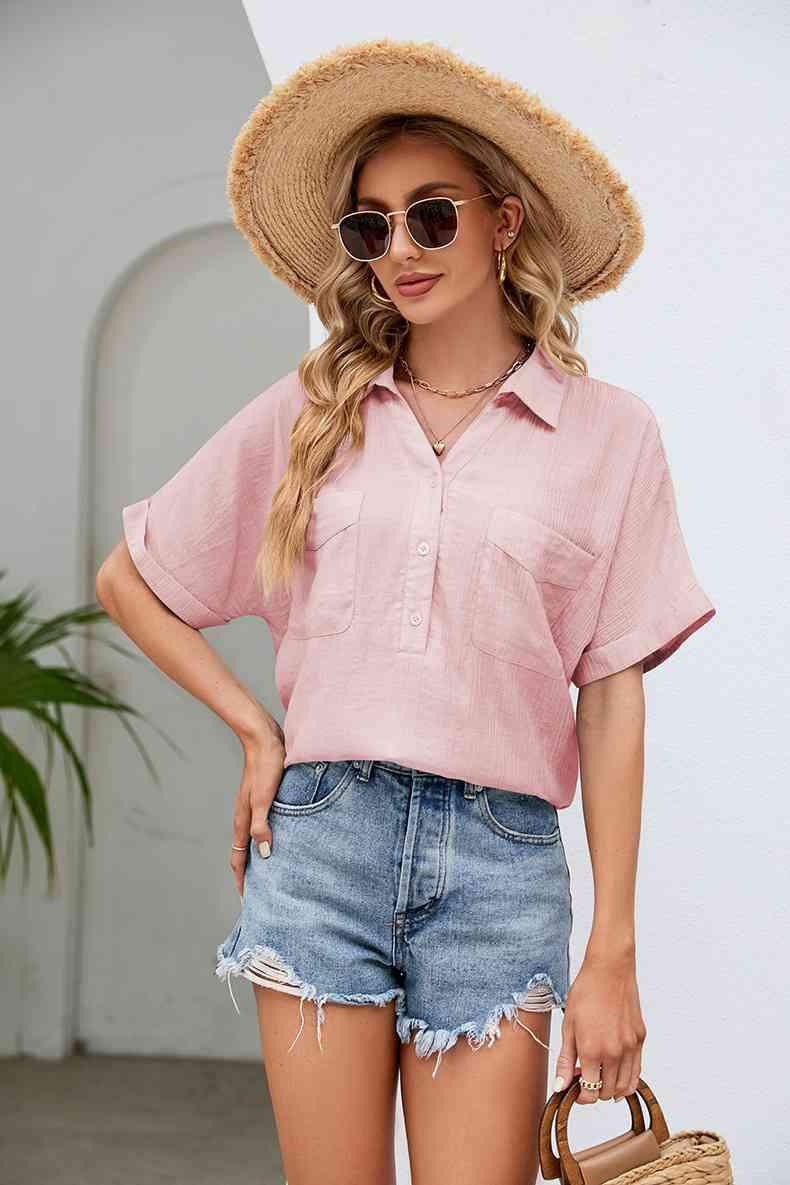 Half Button Johnny Collar Blouse Blouses - Tophatter Daily Deals