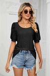 Eyelet Puff Sleeve Round Neck Top Black Blouses - Tophatter Daily Deals