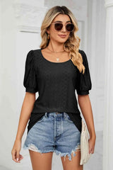 Eyelet Puff Sleeve Round Neck Top Black Blouses - Tophatter Daily Deals