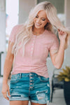 Textured Breast Pocket Buttoned Tee Shirt Dusty Pink Women's T-Shirts - Tophatter Daily Deals