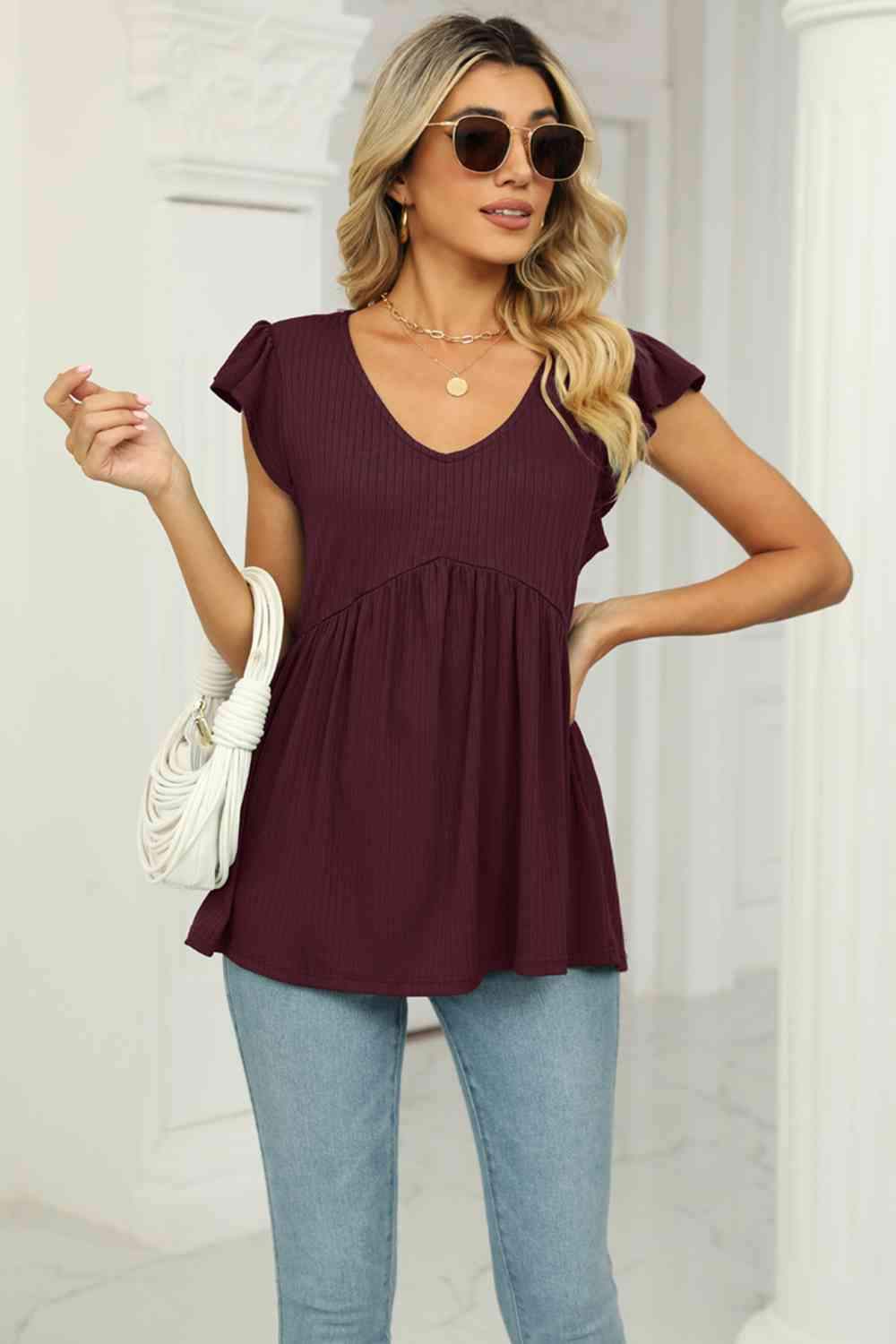 V-Neck Flutter Sleeve Babydoll Blouse Blouses - Tophatter Daily Deals