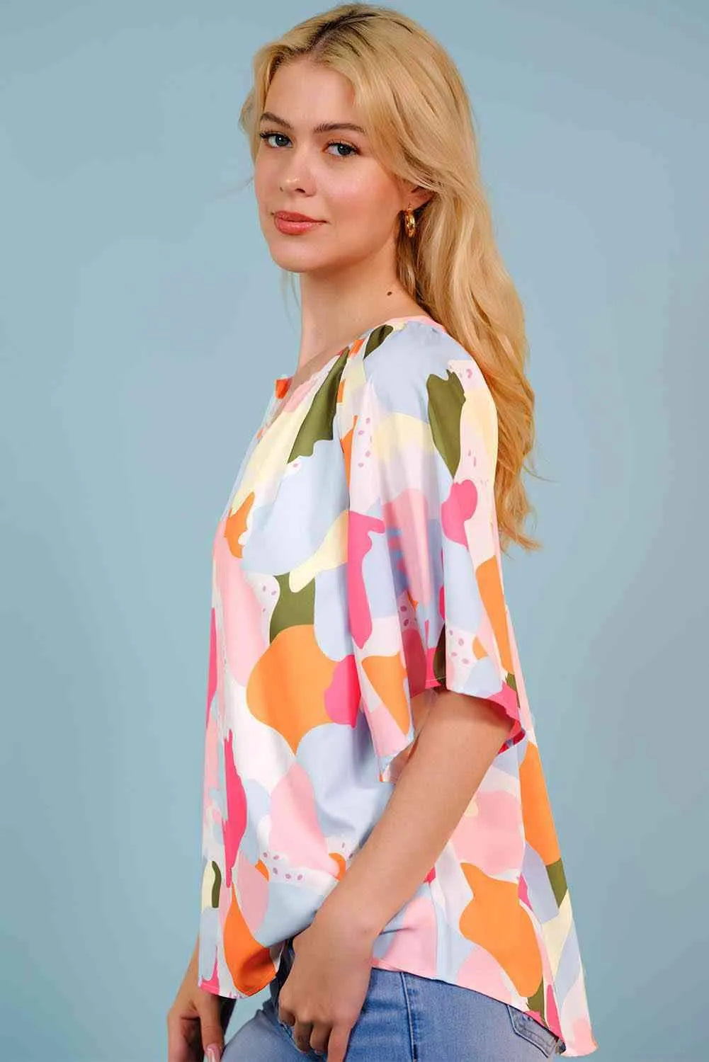 Printed Notched Neck Half Sleeve Blouse Blouses - Tophatter Daily Deals