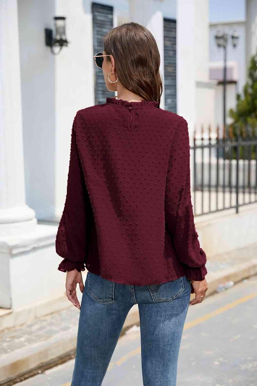 Smocked Mock Neck Swiss Dot Top Blouses - Tophatter Daily Deals