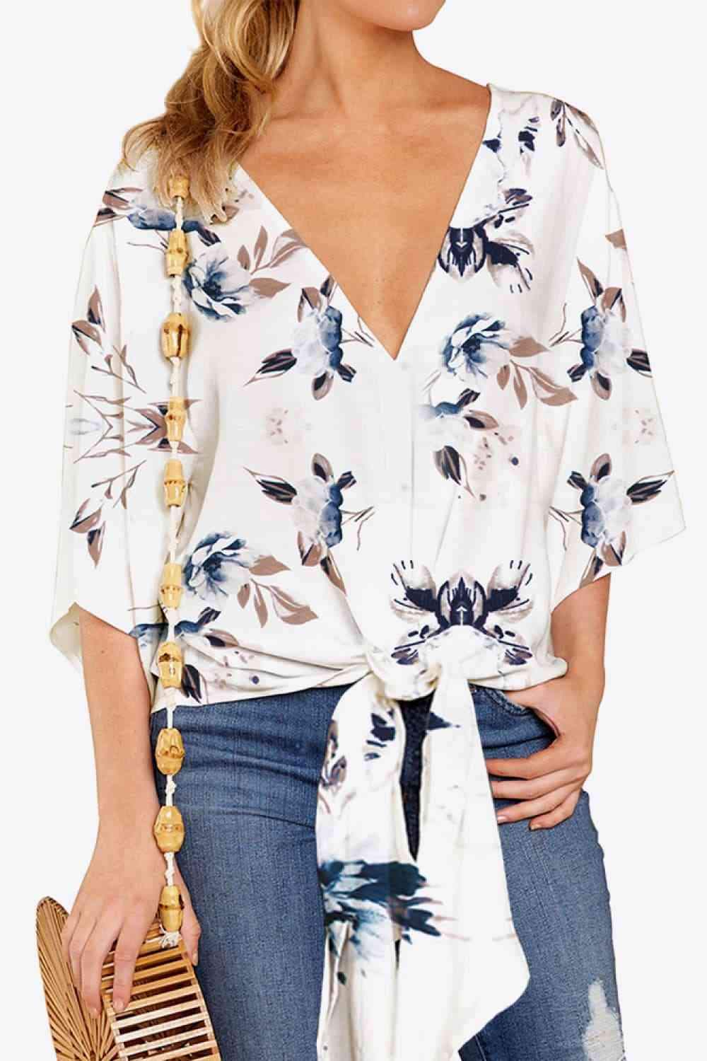 Printed Deep V Tie Hem Blouse Blouses - Tophatter Daily Deals