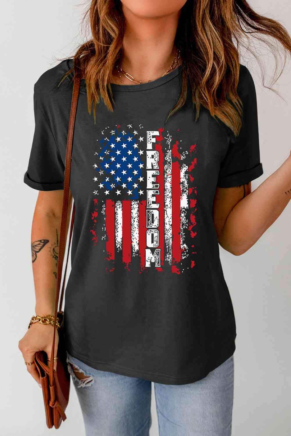 FREEDOM US Flag Graphic Round Neck Tee Black Women's T-Shirts - Tophatter Daily Deals