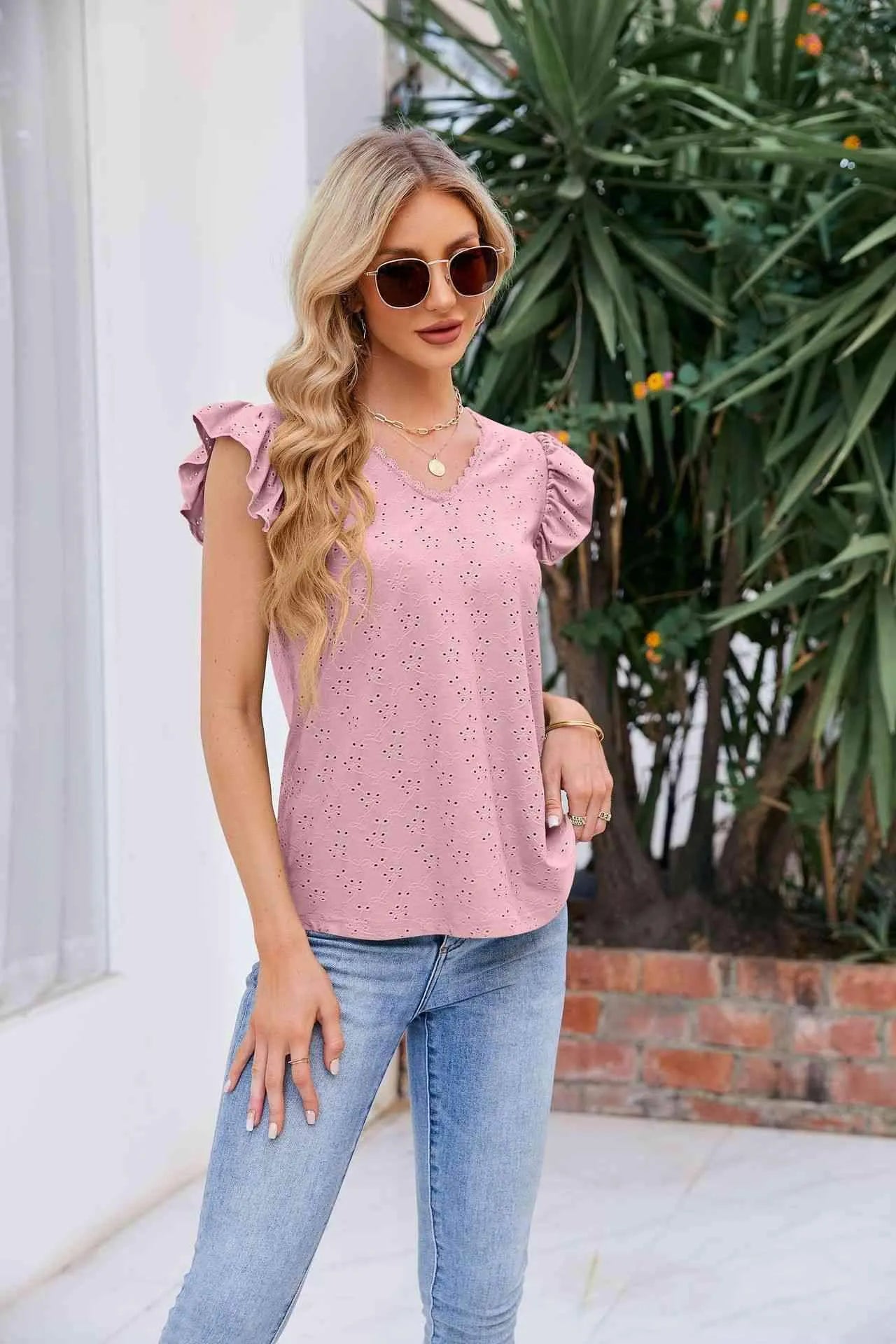 V-Neck Flutter Sleeve Eyelet Top Blouses - Tophatter Daily Deals