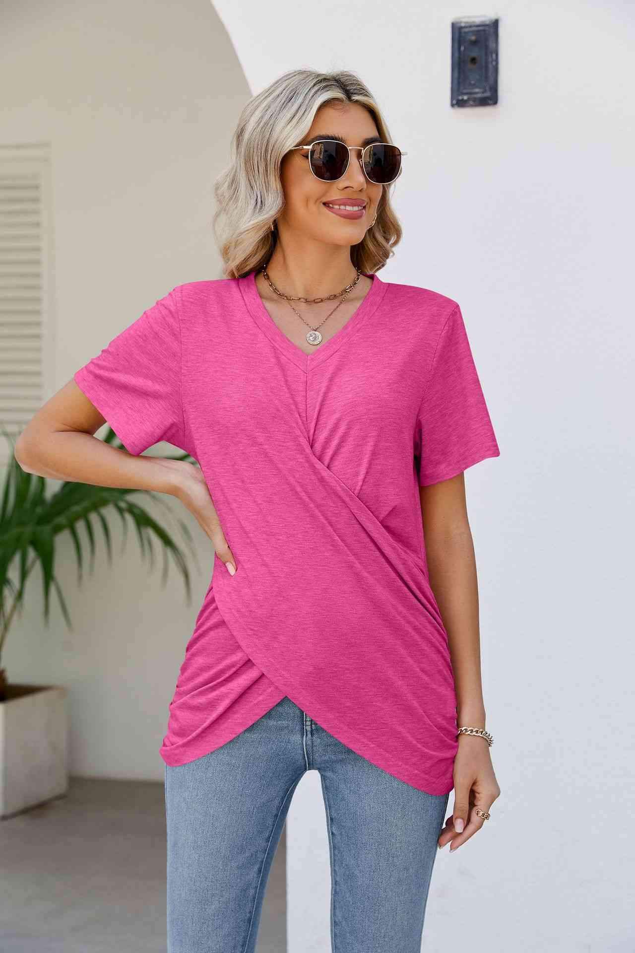 V-Neck Crisscross Short Sleeve Tee Women's T-Shirts - Tophatter Daily Deals