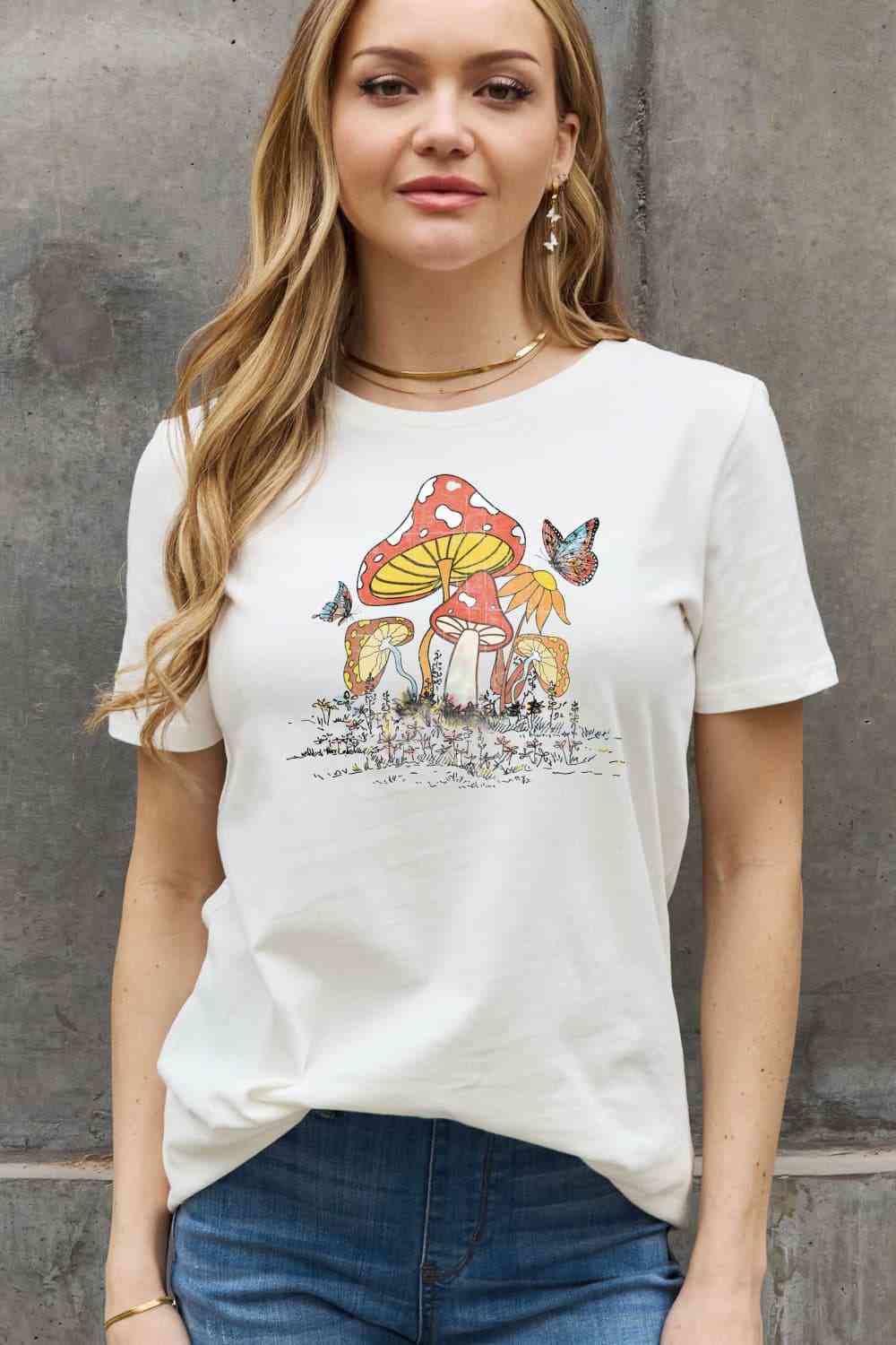 Simply Love Full Size Mushroom & Butterfly Graphic Cotton T-Shirt Bleach Women's T-Shirts - Tophatter Daily Deals