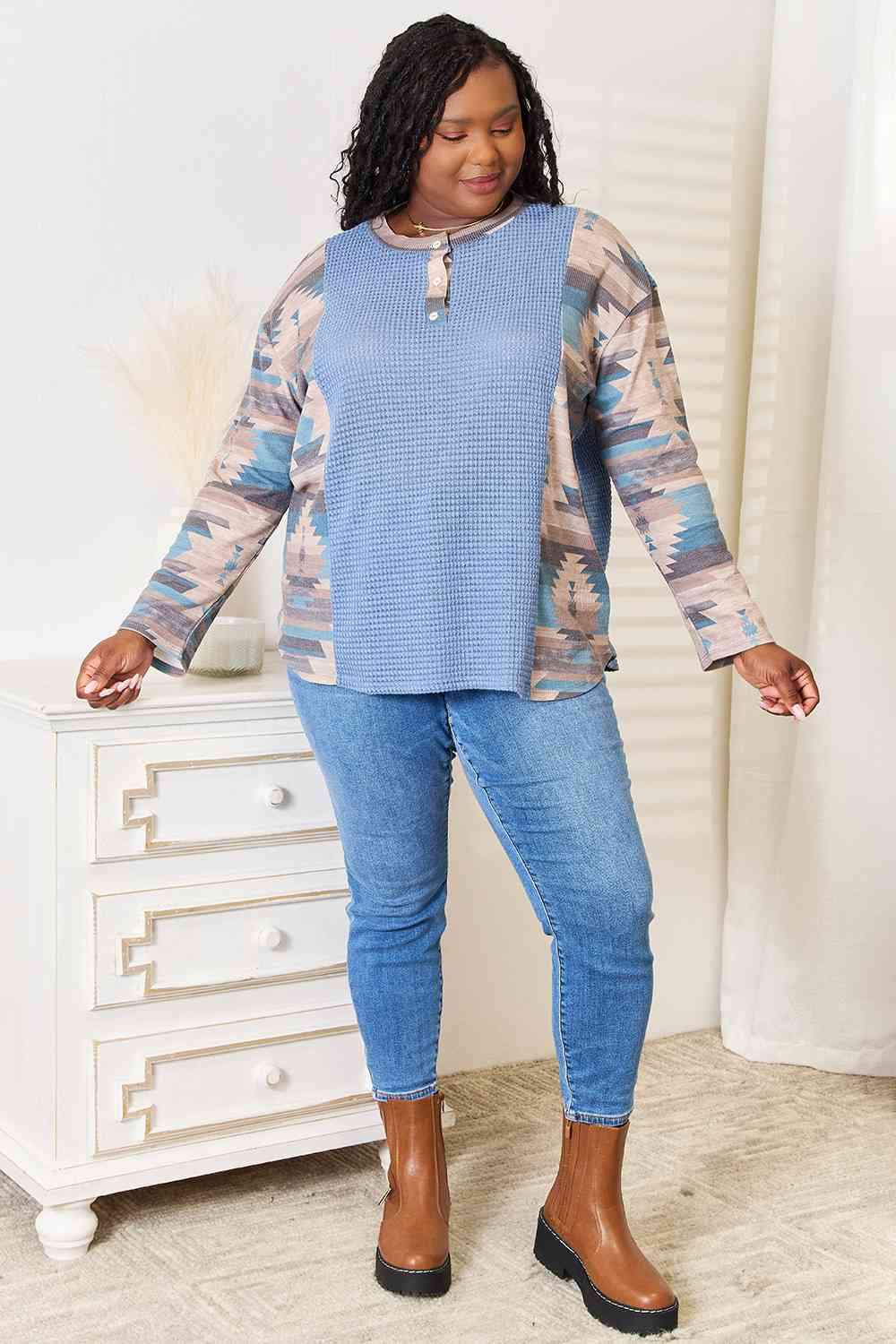 Sew In Love Full Size Waffle Knit Tribal Print Top Blouses - Tophatter Daily Deals