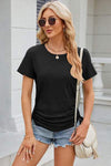 Eyelet Round Neck Short Sleeve T-Shirt Women's T-Shirts - Tophatter Daily Deals