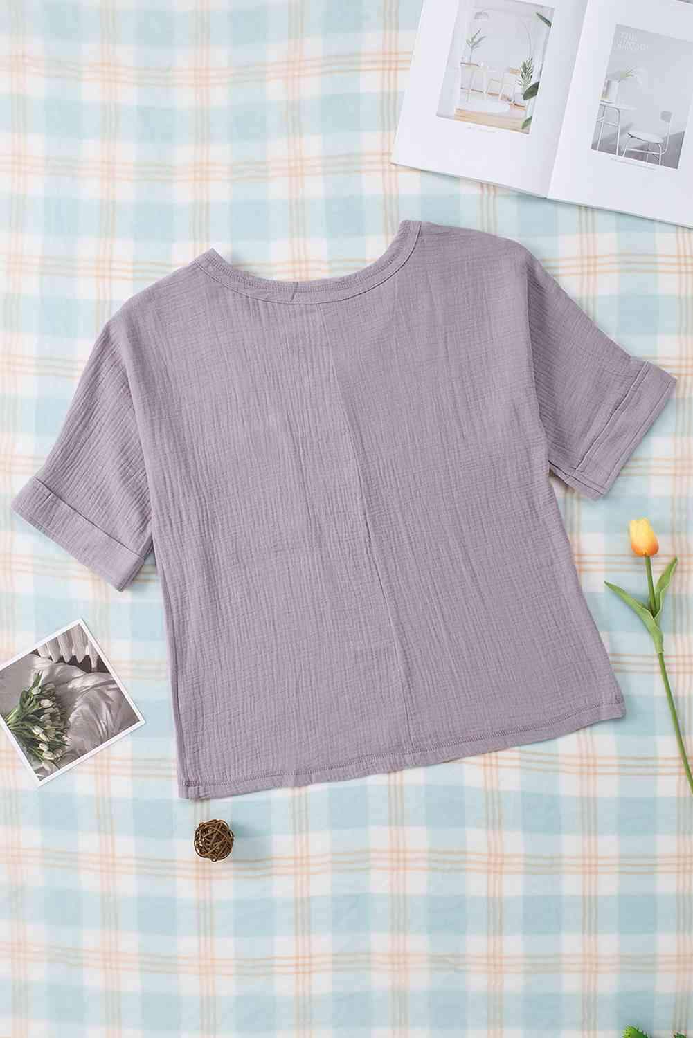 Textured V-Neck Half Sleeve Blouse Blouses - Tophatter Daily Deals