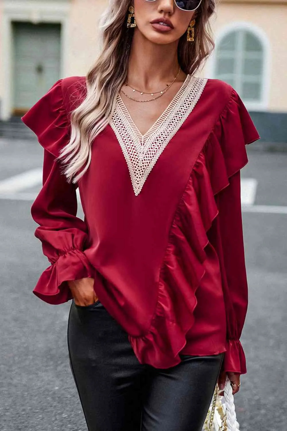 V-Neck Flounce Sleeve Ruffle Trim Blouse Blouses - Tophatter Daily Deals