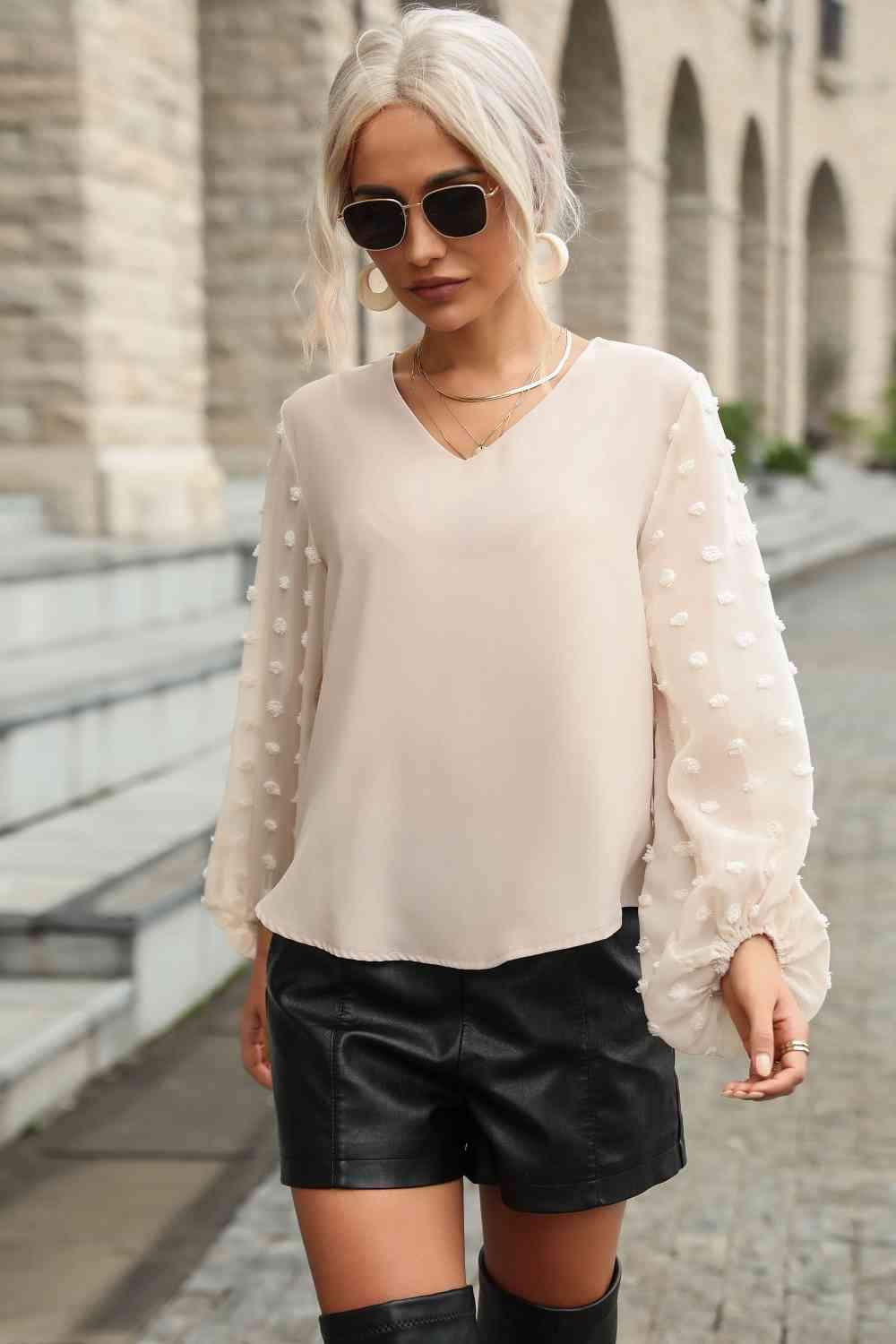 Swiss Dot Sleeve V-Neck Top Apricot Blouses - Tophatter Daily Deals