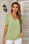 Swiss Dot V-Neck Puff Sleeve Blouse Lime Blouses - Tophatter Daily Deals