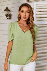 Swiss Dot V-Neck Puff Sleeve Blouse Lime Blouses - Tophatter Daily Deals