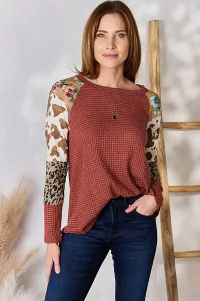 Hailey & Co Full Size Leopard Waffle-Knit Blouse Blouses - Tophatter Daily Deals