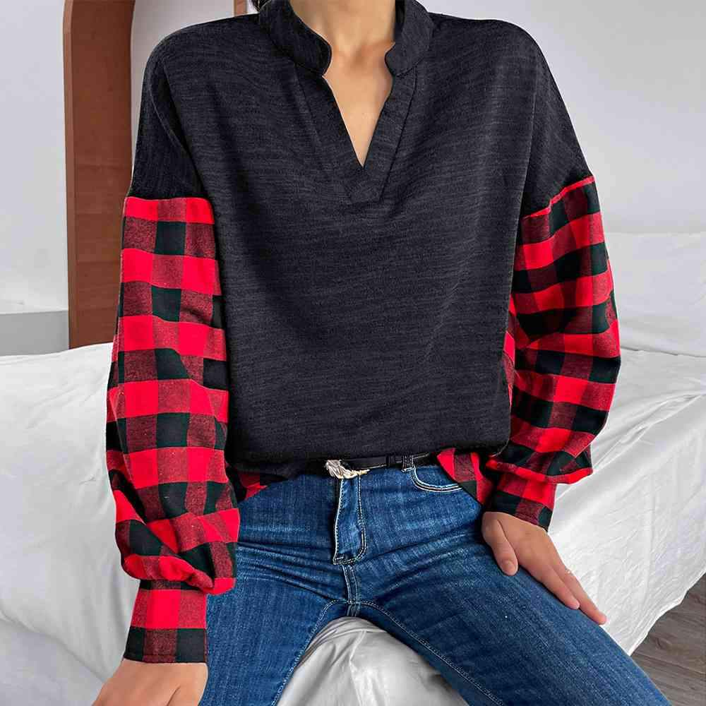 Buffalo Plaid Color Block Balloon Sleeve Top Blouses - Tophatter Daily Deals