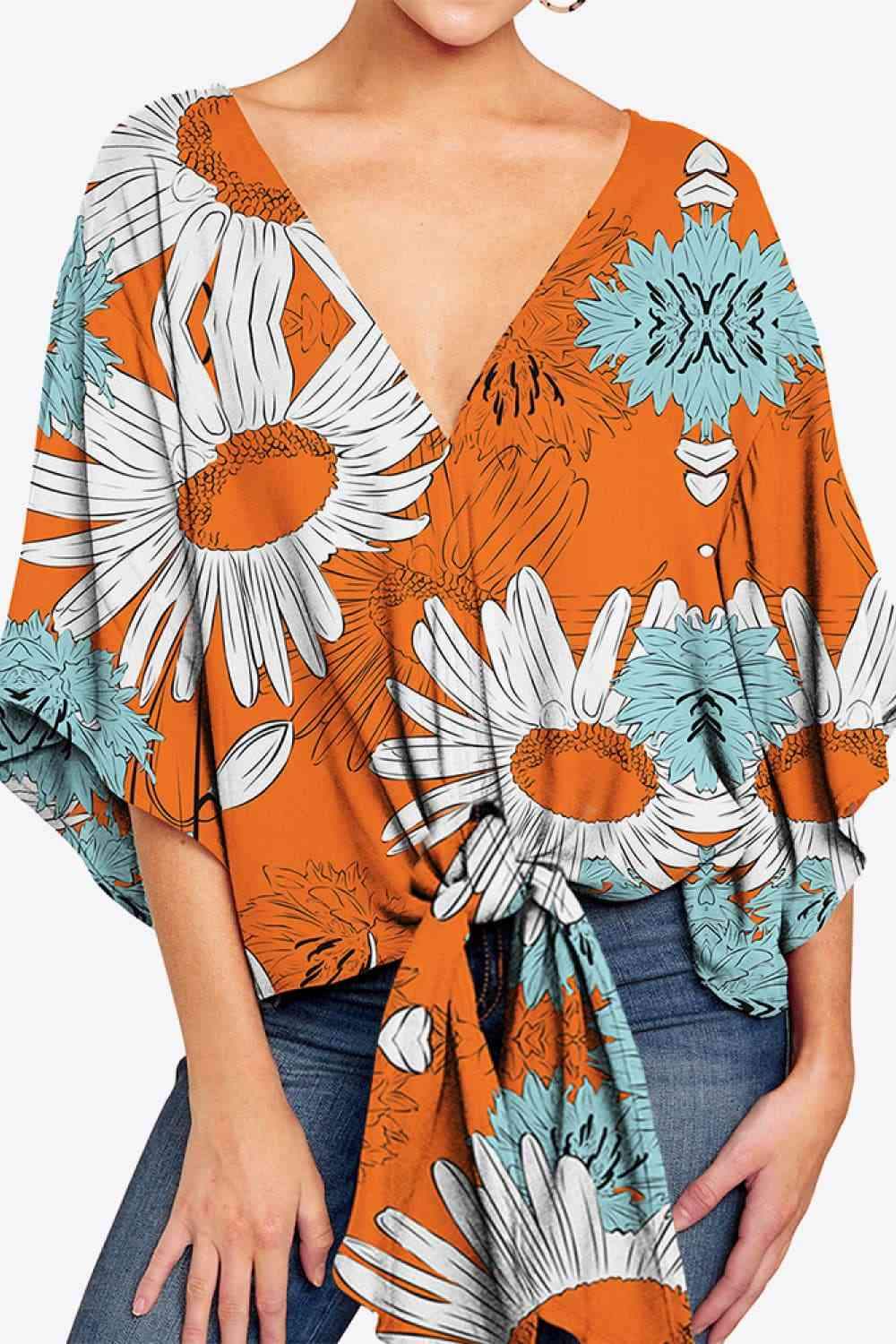 Printed Deep V Tie Hem Blouse Tangerine Blouses - Tophatter Daily Deals