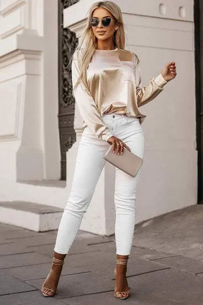 Round Neck Long Sleeve Blouse Blouses - Tophatter Daily Deals