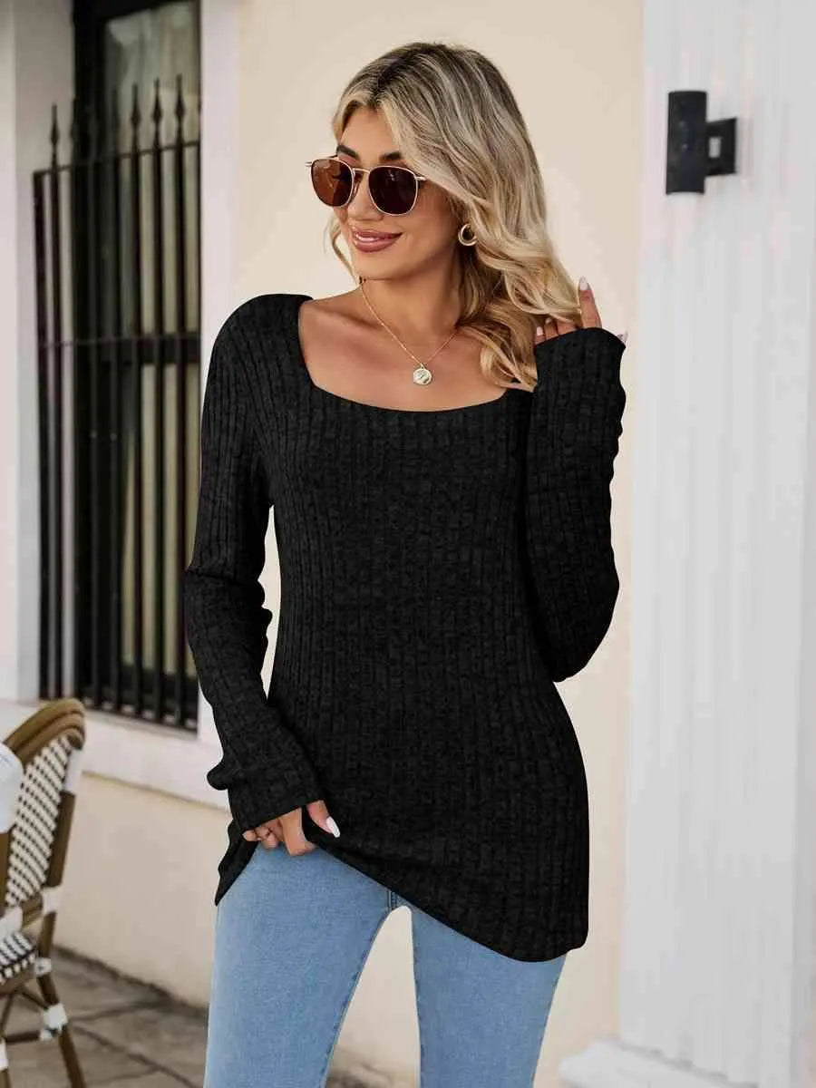 Square Neck Ribbed Long Sleeve T-Shirt Black Women's T-Shirts - Tophatter Daily Deals