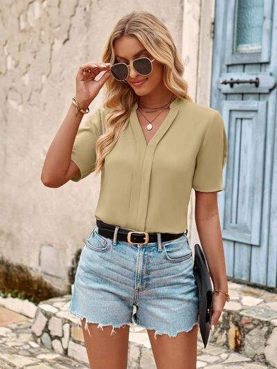 V-Neck Short Sleeve Blouse Blouses - Tophatter Daily Deals