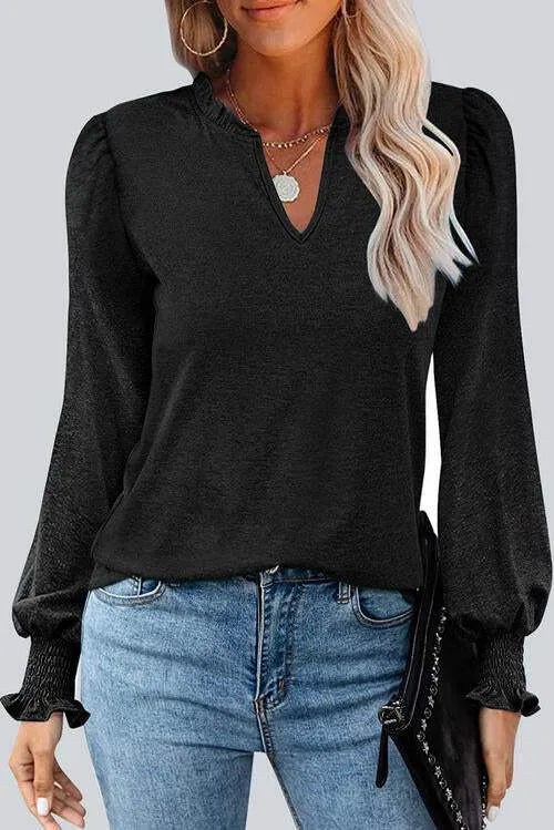 Frill Notched Neck Smocked Designed Long Sleeve Blouse Black Blouses - Tophatter Daily Deals