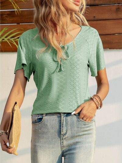 Eyelet Tie Neck Short Sleeve T-Shirt Women's T-Shirts - Tophatter Daily Deals