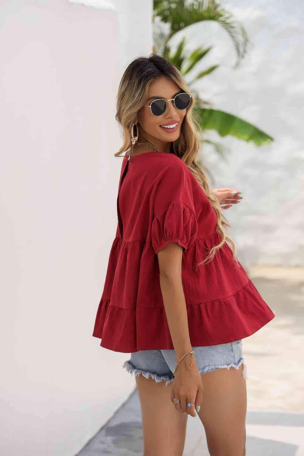 Round Neck Ruched Short Sleeve Blouse Blouses - Tophatter Daily Deals