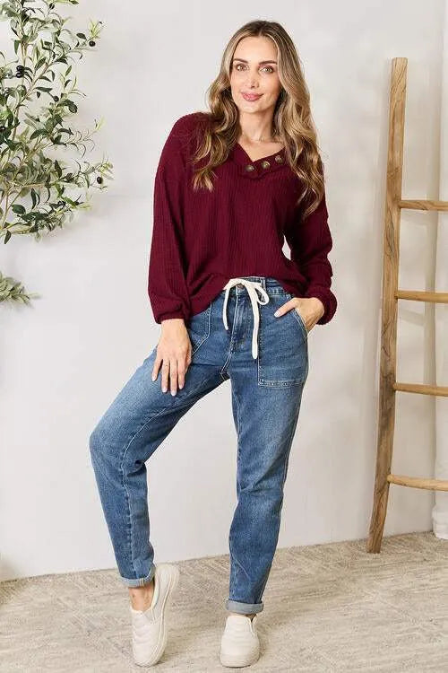 Zenana Buttoned V-Neck Long Sleeve Blouse Blouses - Tophatter Daily Deals
