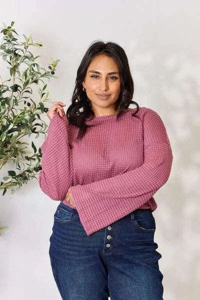 Culture Code Full Size Waffle-Knit Round Neck Long Sleeve Blouse Blouses - Tophatter Daily Deals