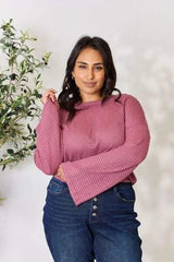 Culture Code Full Size Waffle-Knit Round Neck Long Sleeve Blouse Blouses - Tophatter Daily Deals