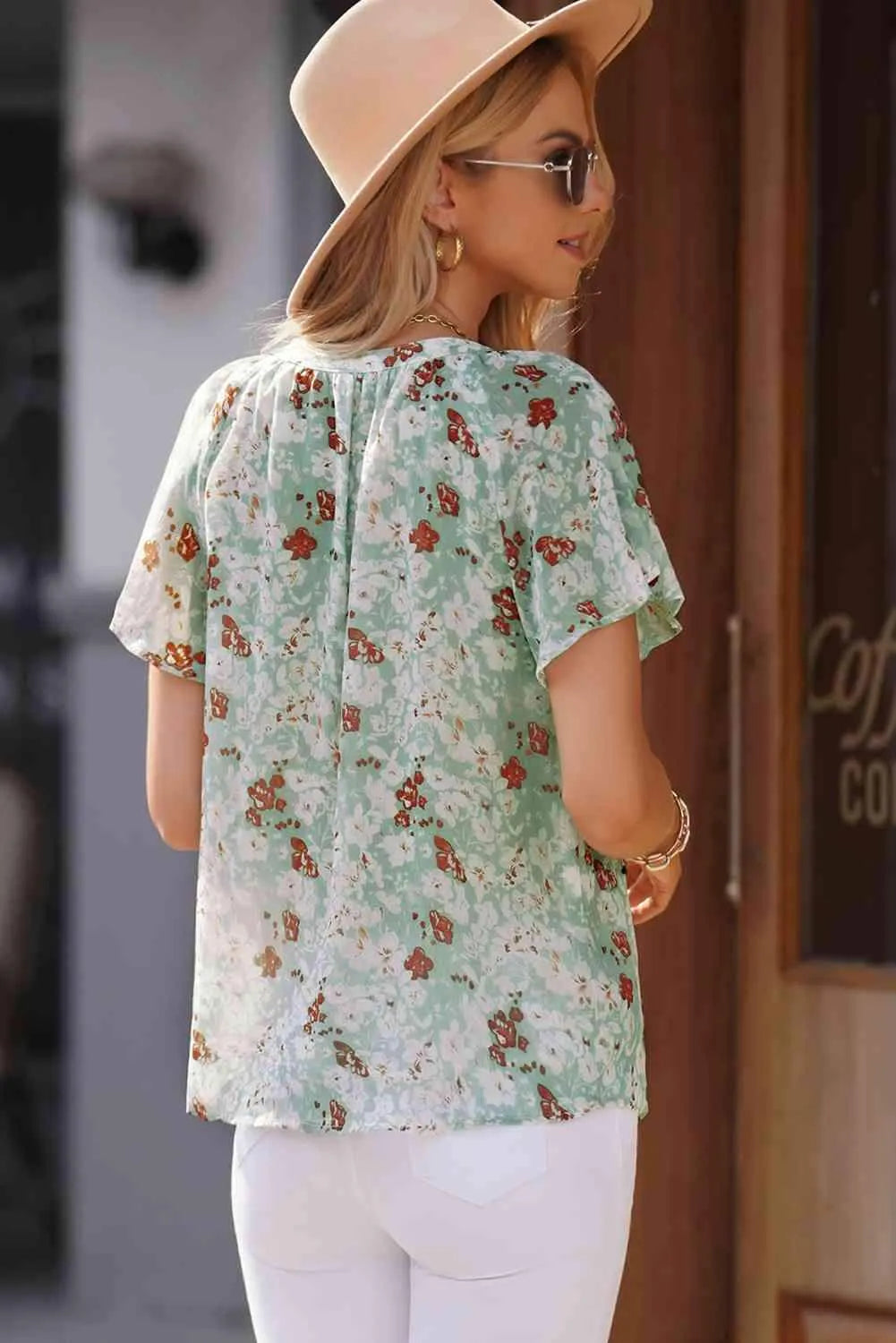 Floral Notched Neck Flutter Sleeve Blouse Blouses - Tophatter Daily Deals