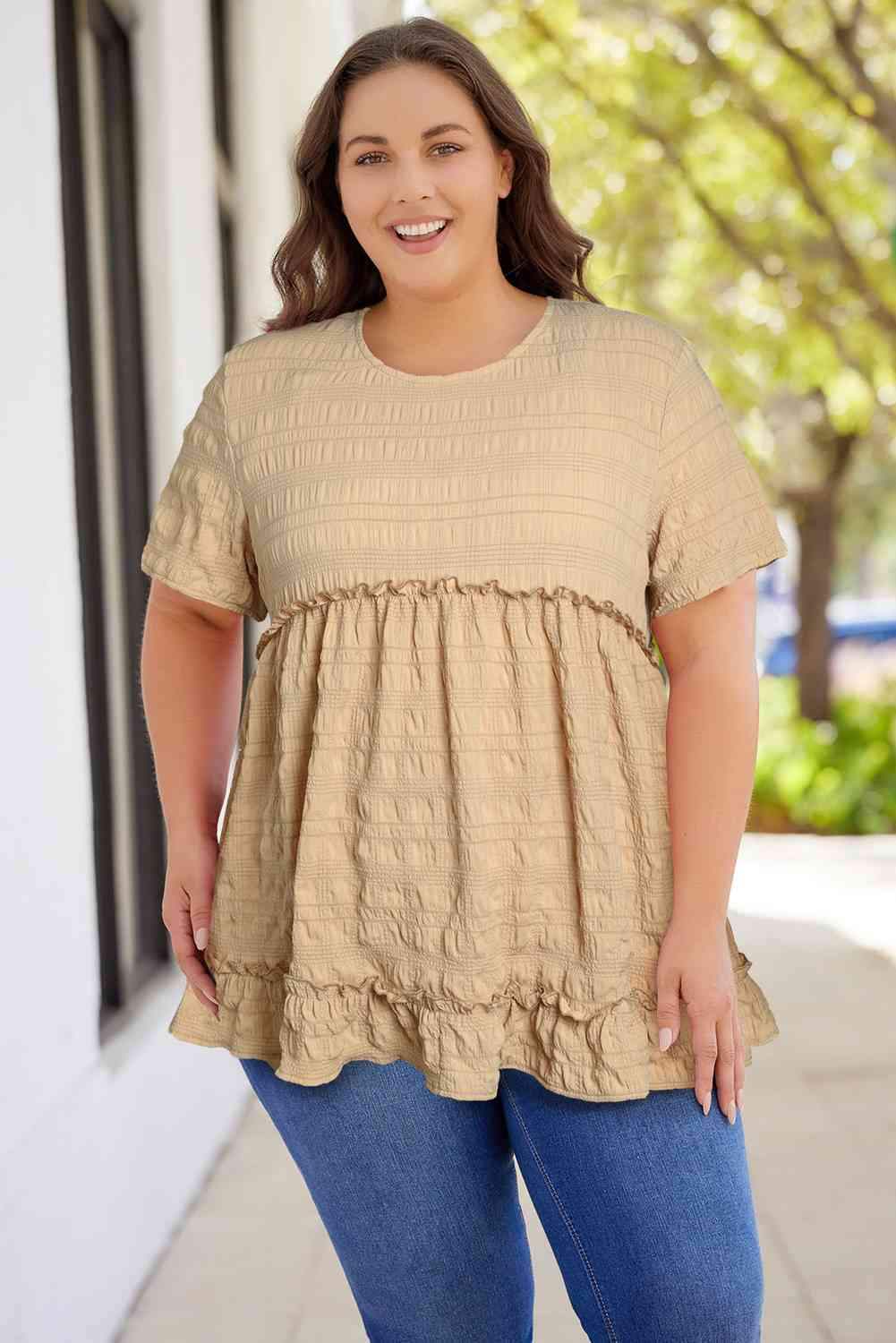 Plus Size Frill Trim Babydoll Blouse Sand Blouses - Tophatter Daily Deals