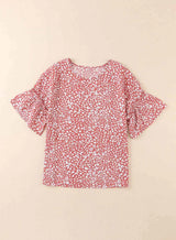 Leopard Round Neck Frill Trim Blouse Blouses - Tophatter Daily Deals