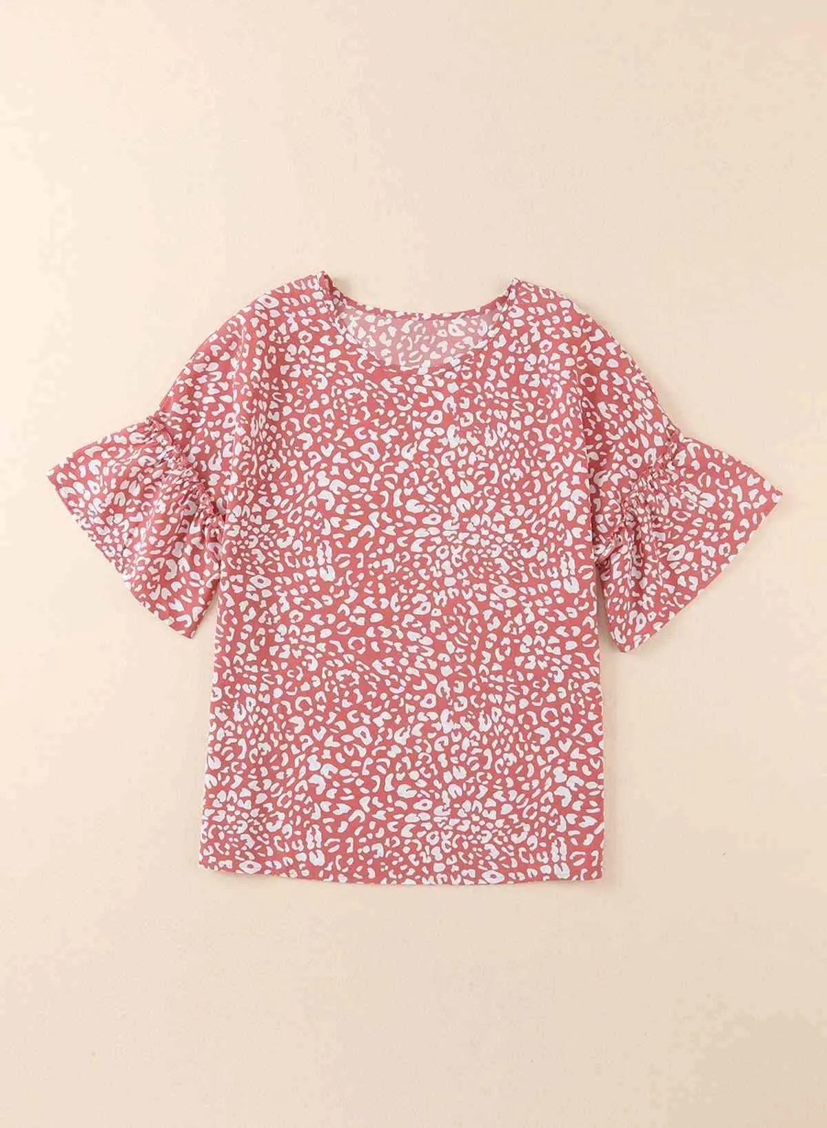 Leopard Round Neck Frill Trim Blouse Blouses - Tophatter Daily Deals