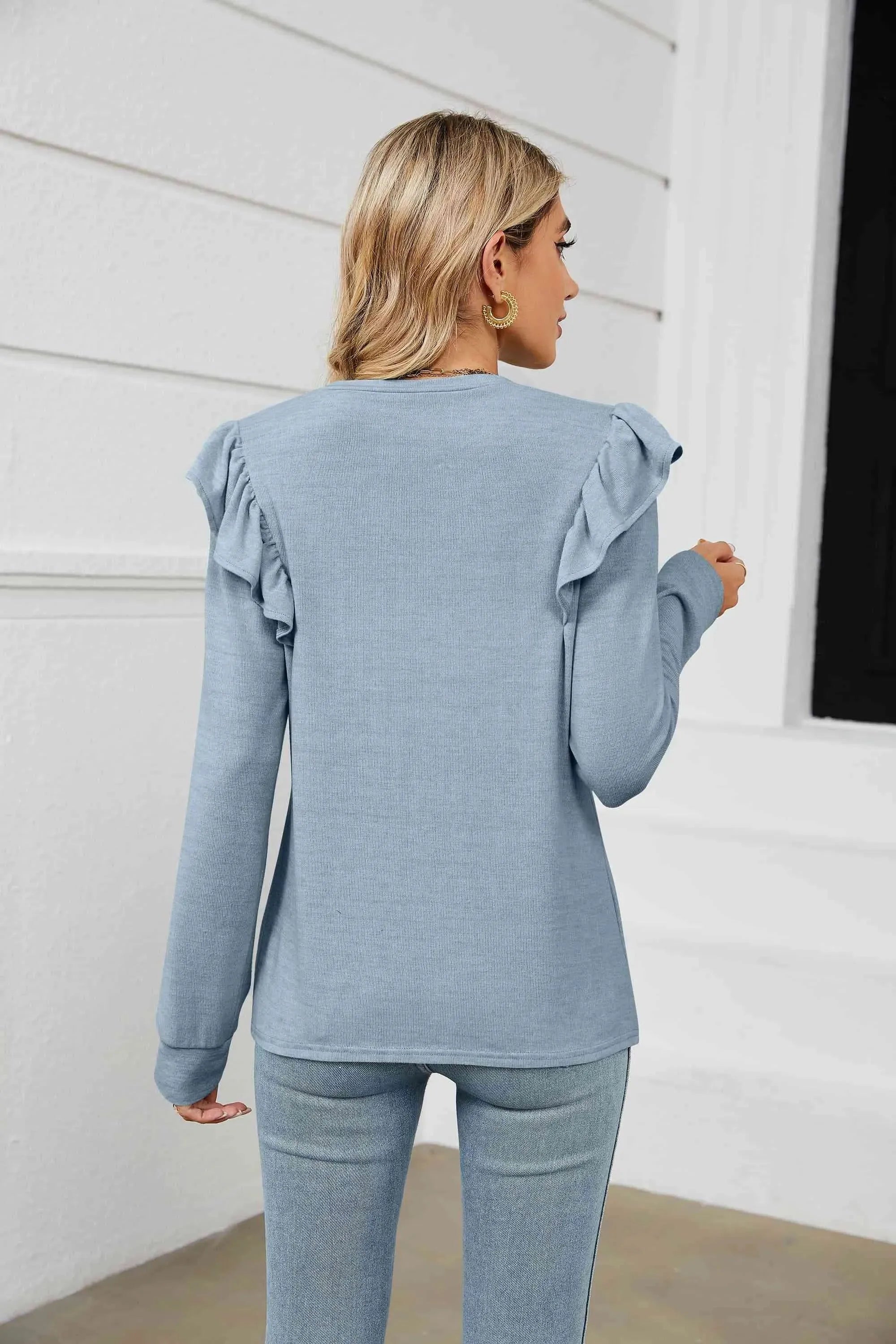 Ruffle Shoulder Long Sleeve T-Shirt Women's T-Shirts - Tophatter Daily Deals