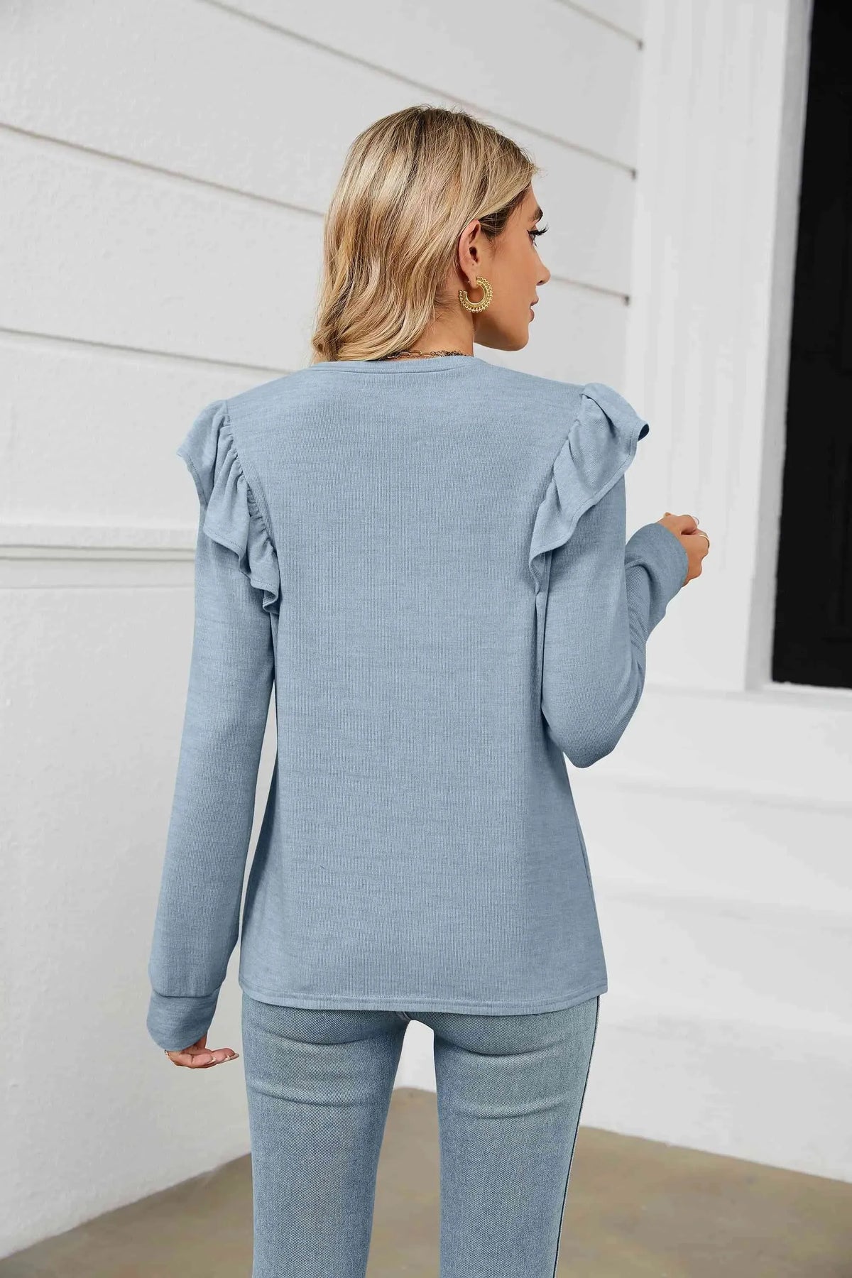 Ruffle Shoulder Long Sleeve T-Shirt Women's T-Shirts - Tophatter Daily Deals