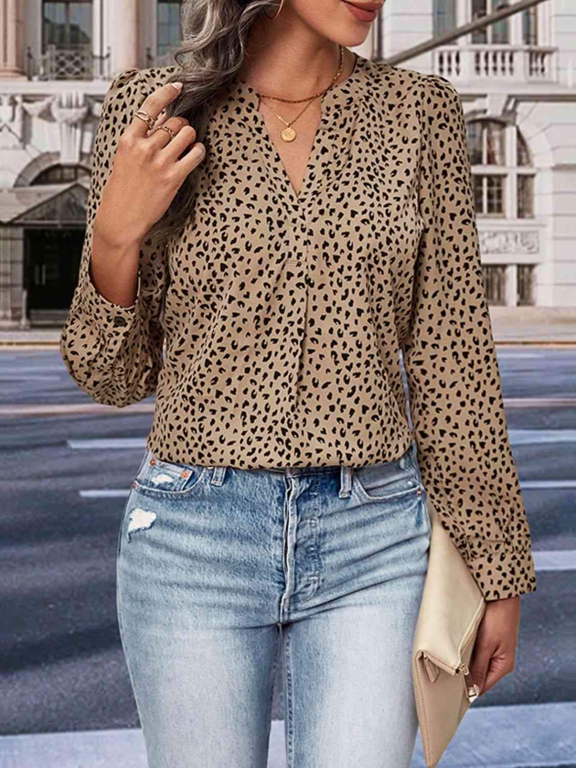 Leopard Notched Neck Puff Sleeve Blouse Blouses - Tophatter Daily Deals