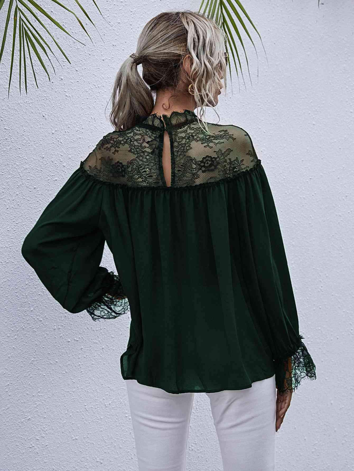 Semi-Sheer Lace Trim Mock Neck Blouse Blouses - Tophatter Daily Deals