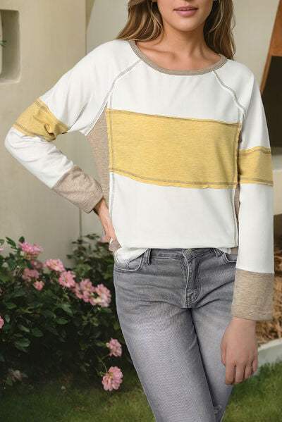 Contrast Stitching Color Block Long Sleeve T-Shirt True Yellow Women's T-Shirts - Tophatter Daily Deals