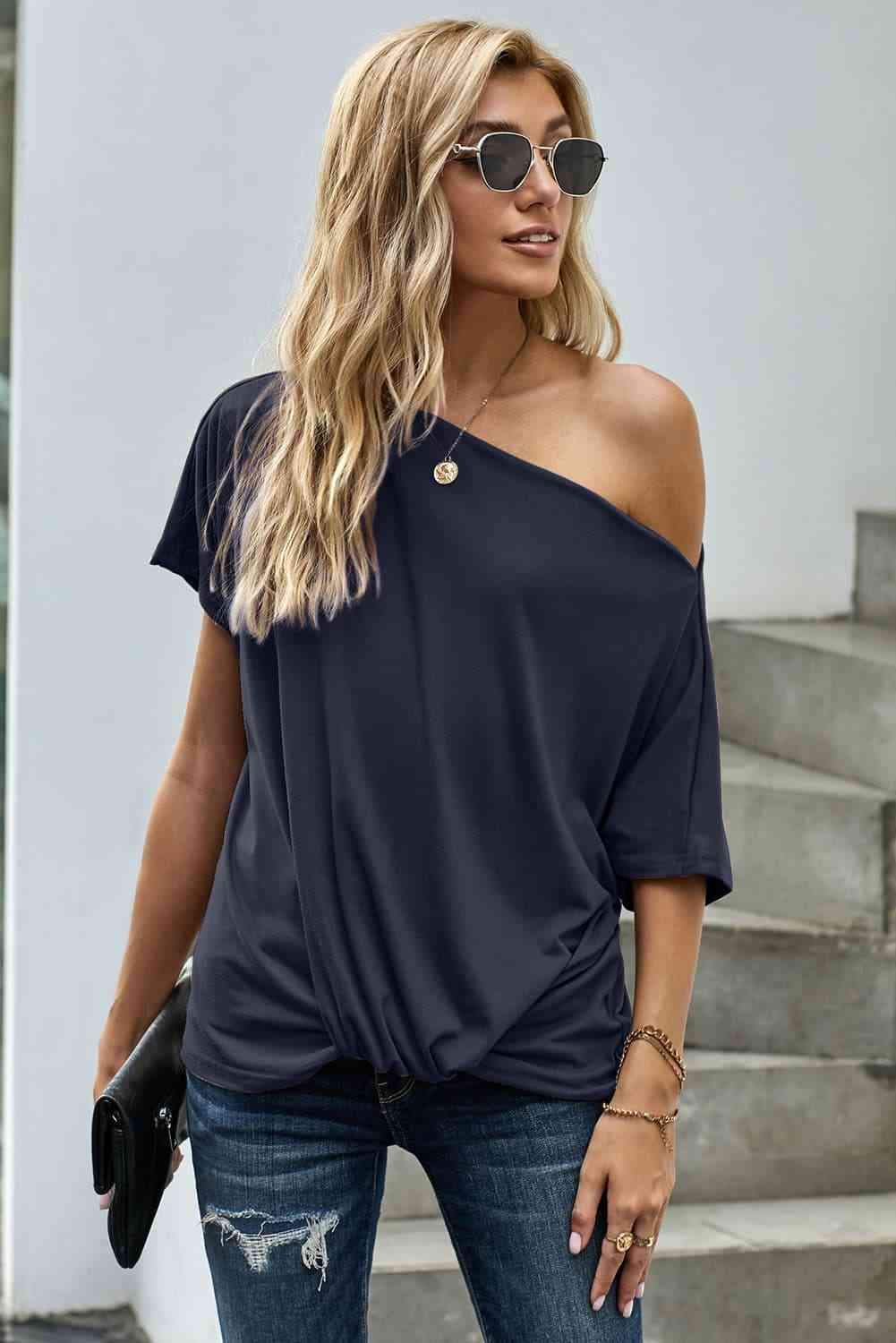 One Shoulder Tee Shirt Blouses - Tophatter Daily Deals