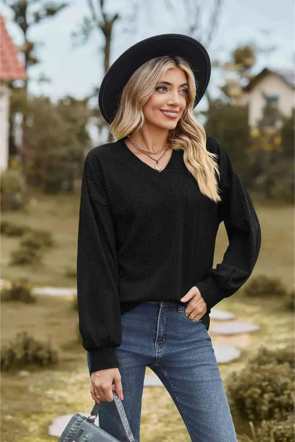 V-Neck Dropped Shoulder Blouse Blouses - Tophatter Daily Deals