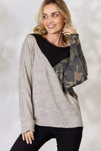BiBi Brushed Hacci Color Block Long Sleeve Top Blouses - Tophatter Daily Deals