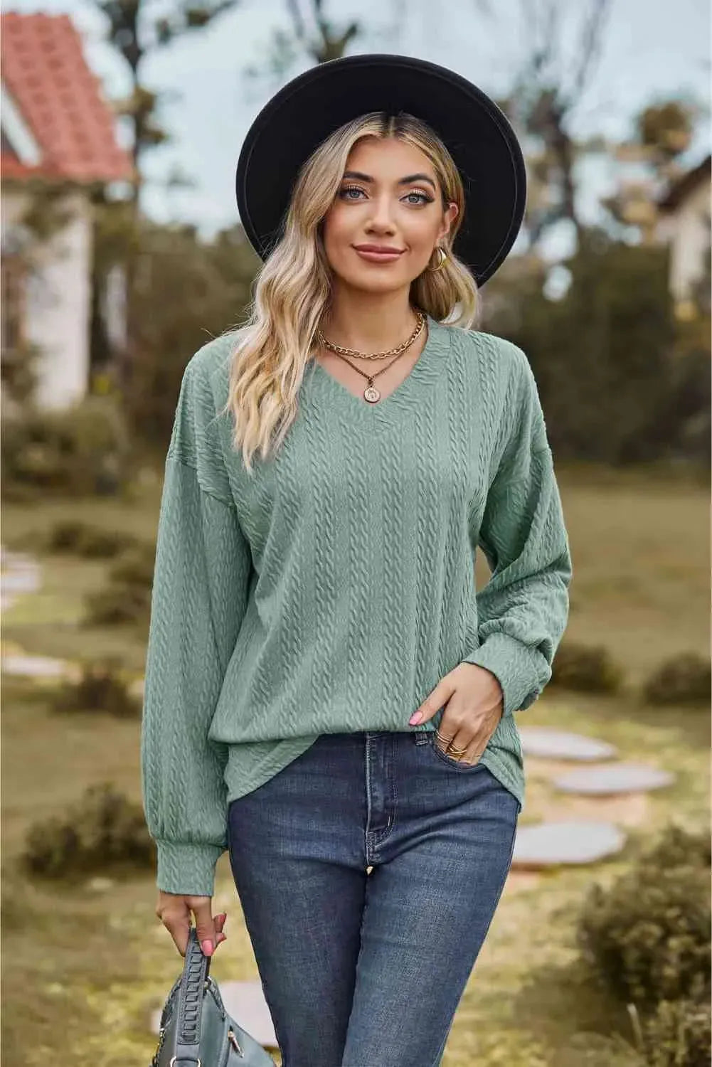 V-Neck Dropped Shoulder Blouse Sage Blouses - Tophatter Daily Deals