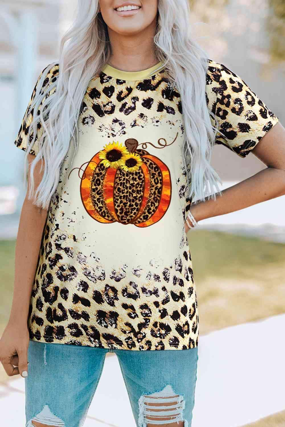 Leopard Pumpkin Graphic Round Neck Tee Women's T-Shirts - Tophatter Daily Deals