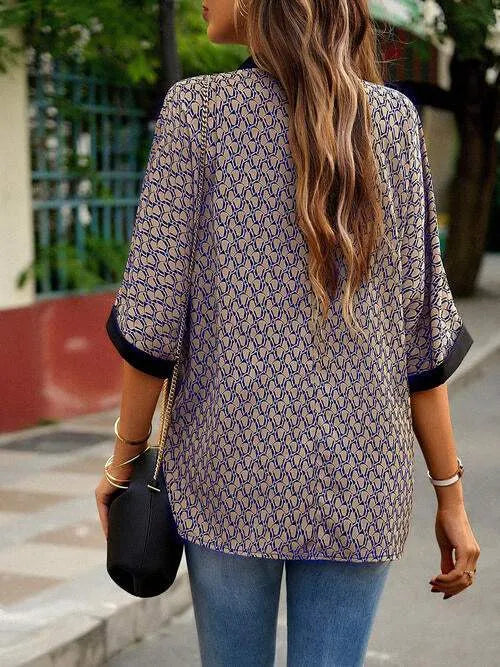 Geometric Print Notched Blouse Blouses - Tophatter Daily Deals