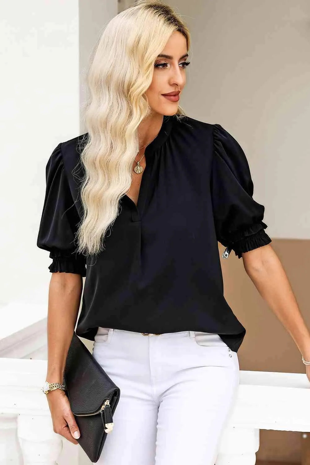 Notched Neck Puff Sleeve Blouse Blouses - Tophatter Daily Deals